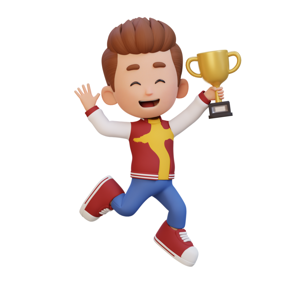 3D kid character celebrating win holding a trophy png