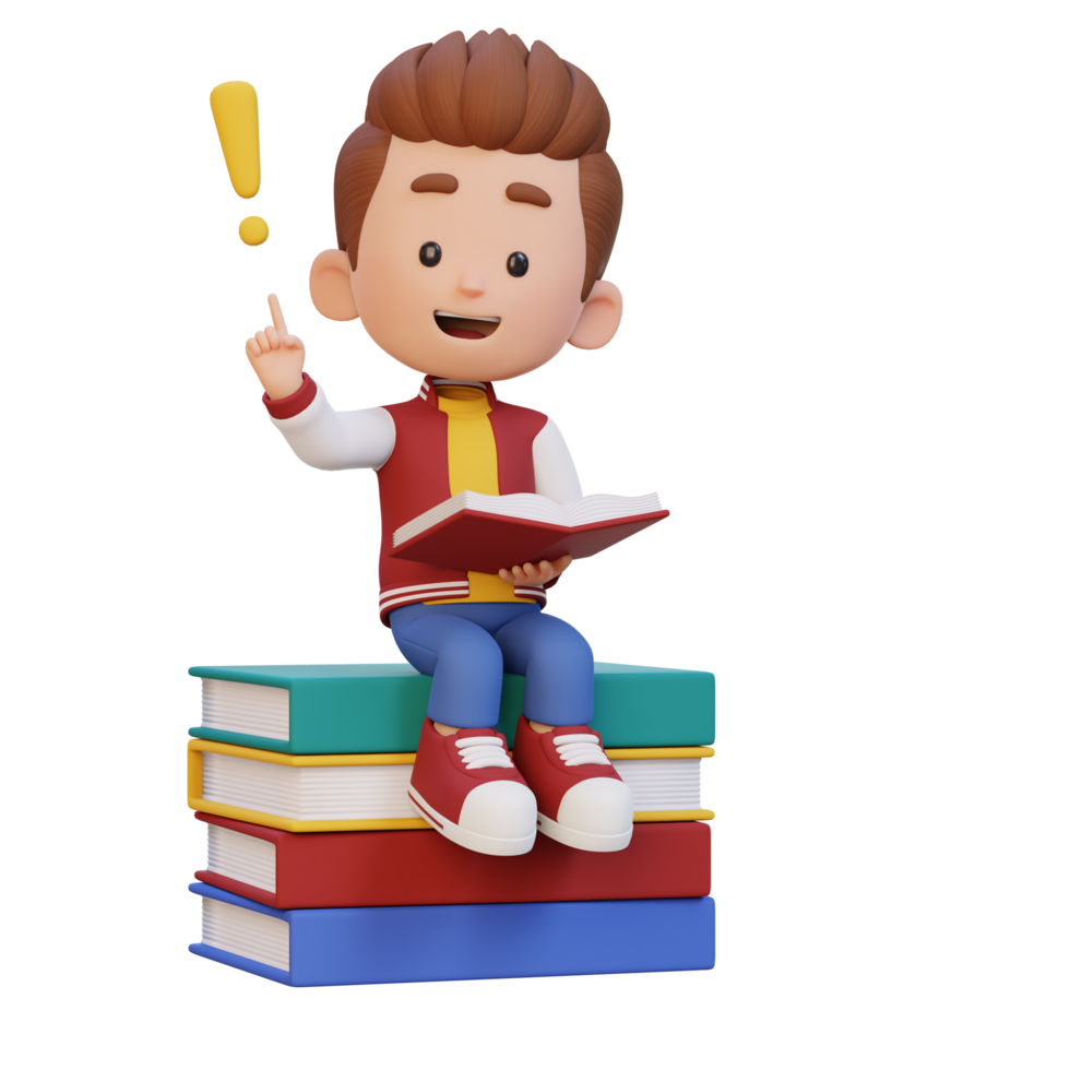 3D kid character get an idea when reading a book png