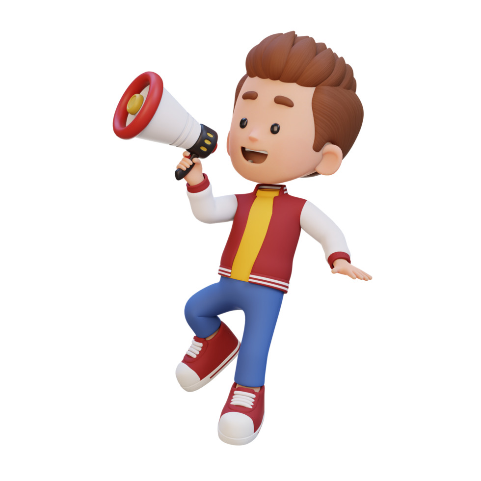 3D cute kid Character jumping and talking on Megaphone png