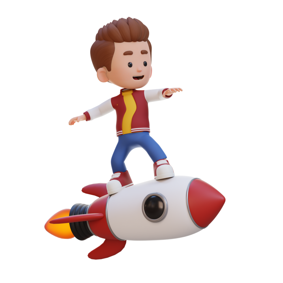 3D kid character standing riding a rocket png