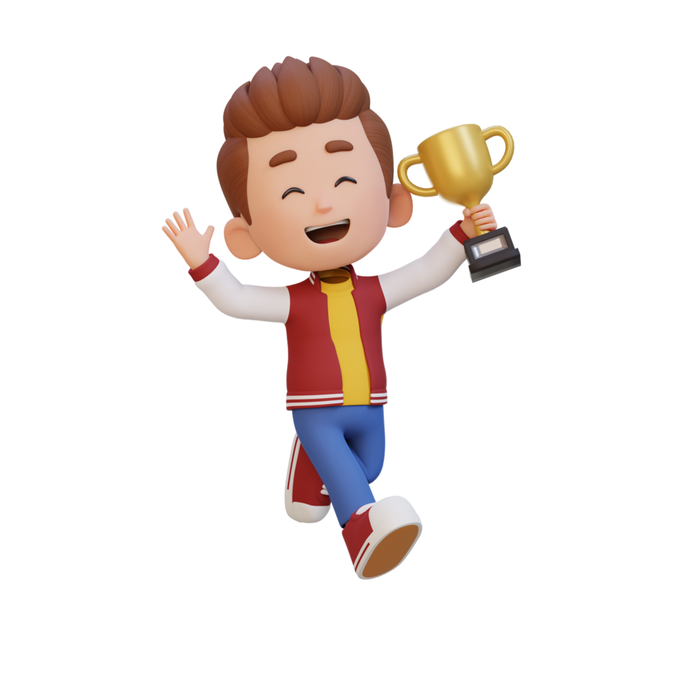 3D kid character celebrating win holding a trophy png