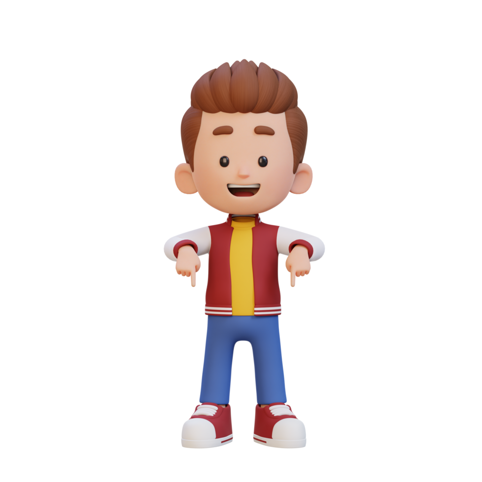 3D cute kid pointing hand to bottom png
