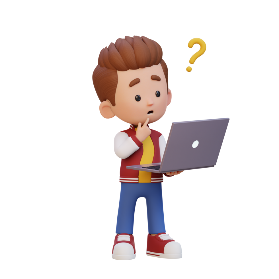 3D cute kid character confused on a laptop png