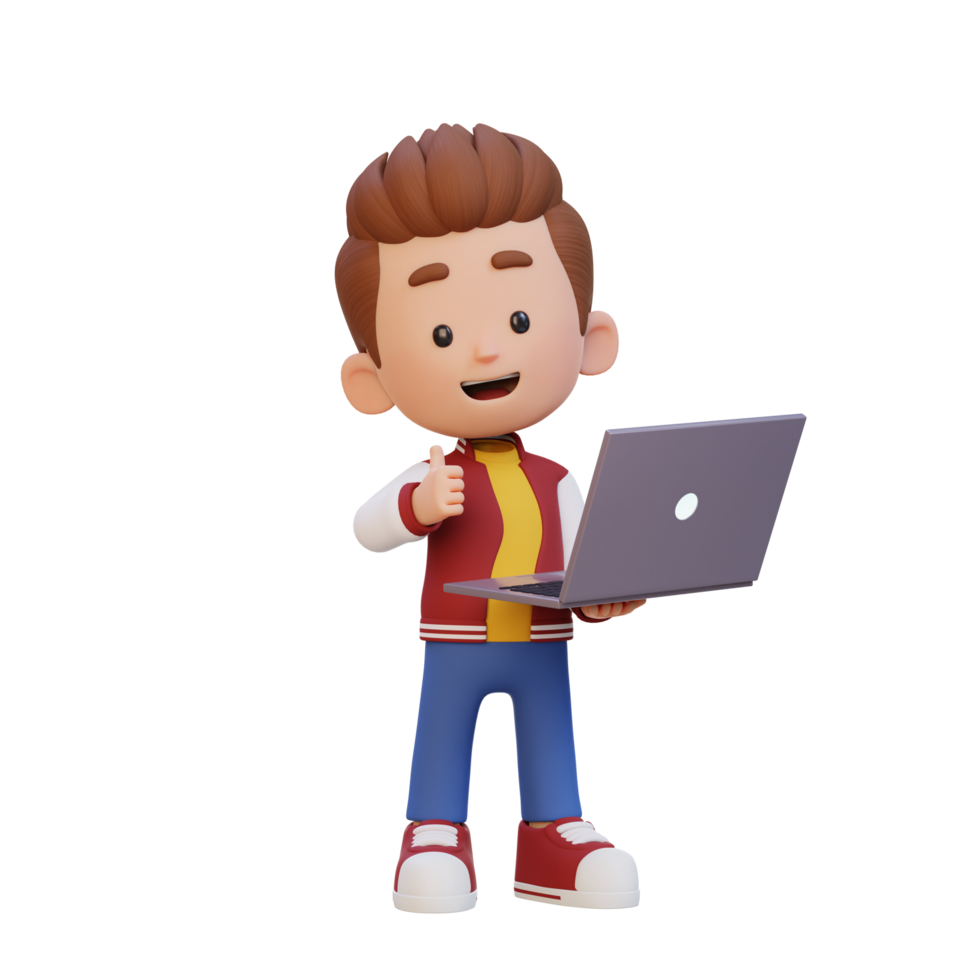 3D cute kid character give a thumb up while holding a laptop png