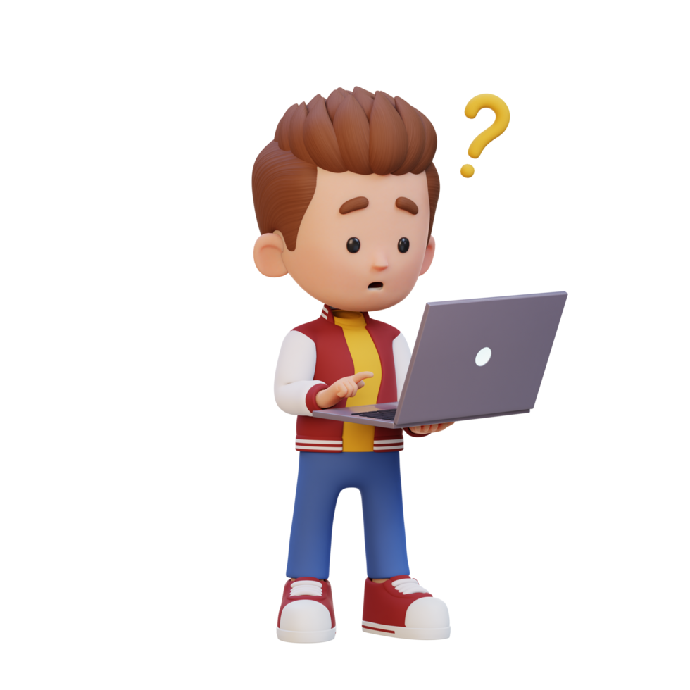 3D cute kid character confused on a laptop png