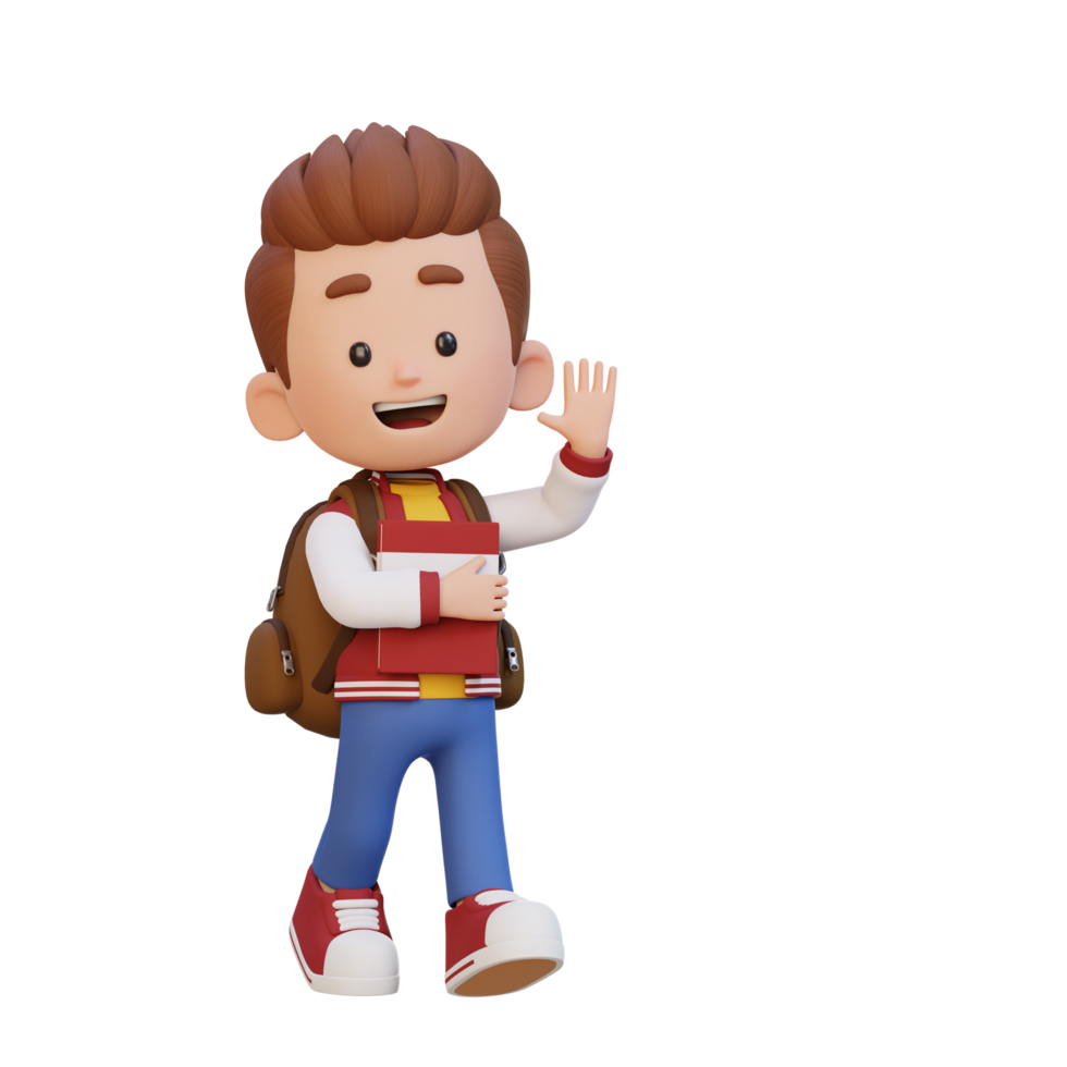 3D happy kid character walking go to school holding book and waving hand png