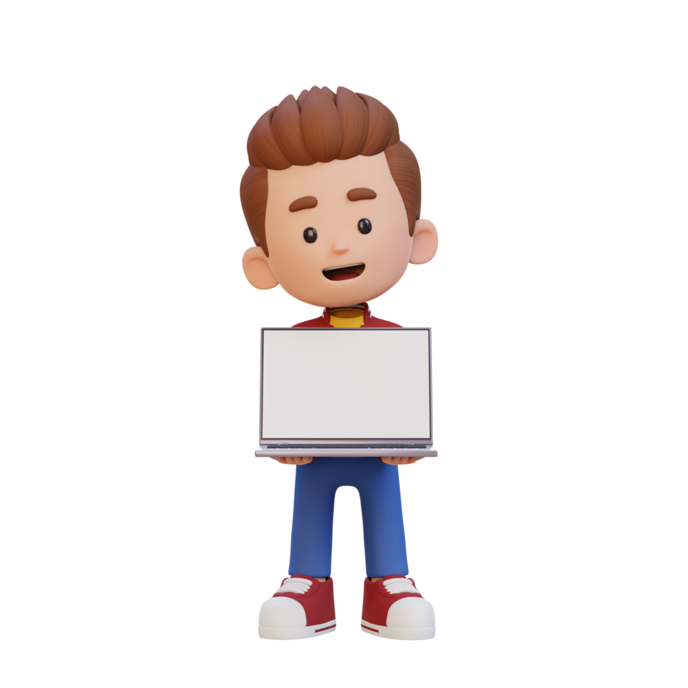 3D kid Character Holding and Presenting to a Laptop with Empty Screen png