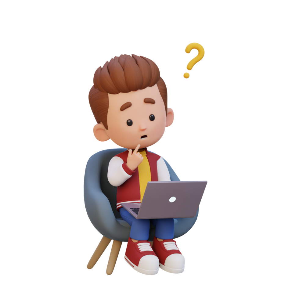 3D cute kid character confused on a laptop png