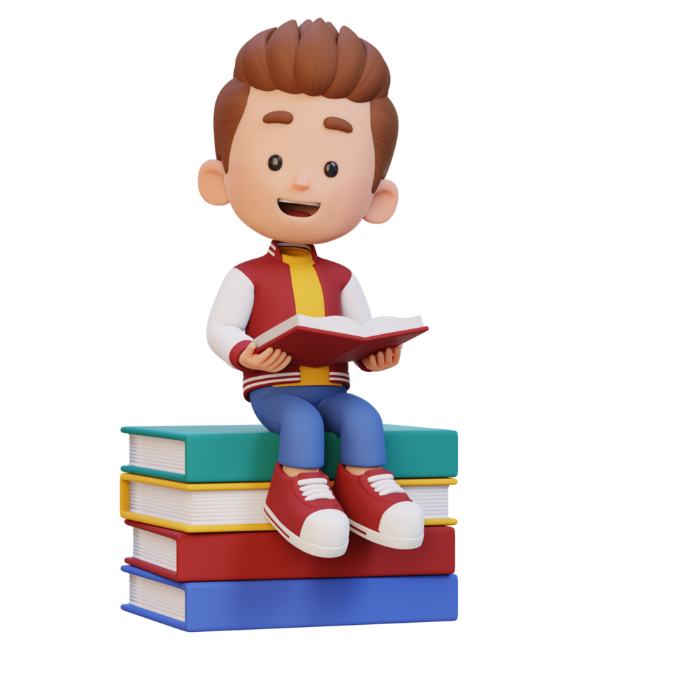 3D happy kid character reading book png