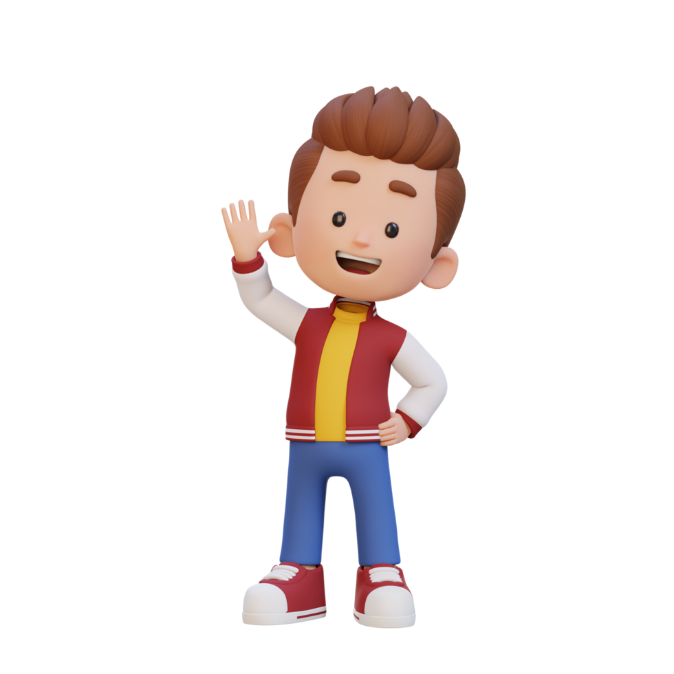 3D kid character waving hand with cute happy face png