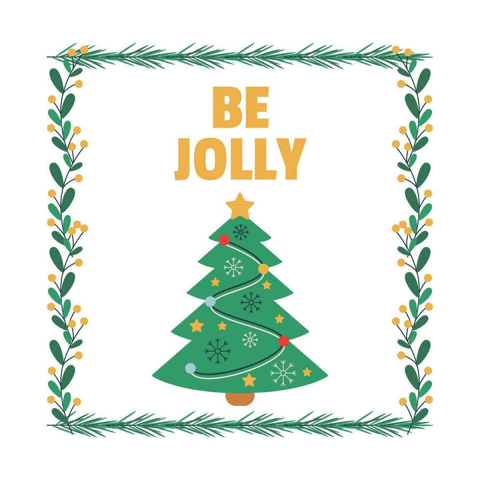 Christmas lettering, text and tree, frame with tree branch and yellow berries, leaves. vector