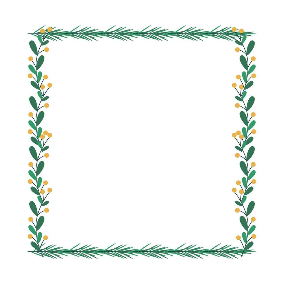 Christmas frame with tree branch and yellow berries, leaves. vector