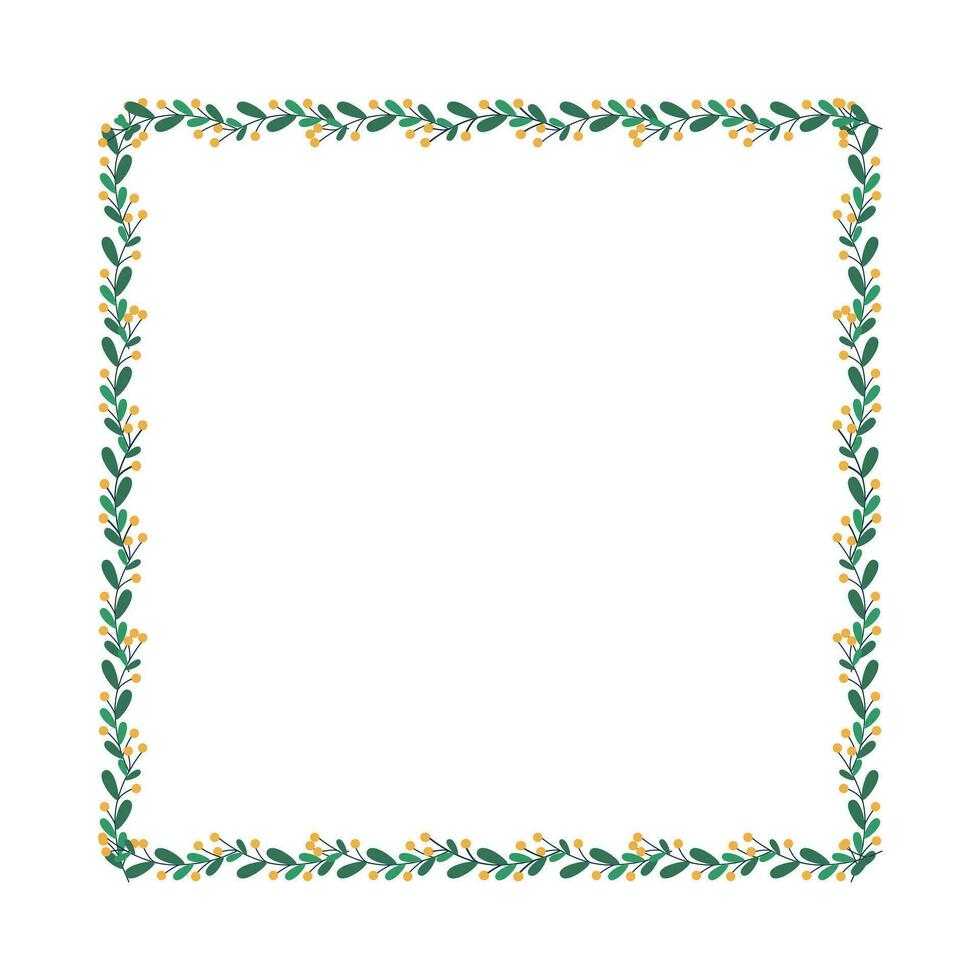 Christmas frame with tree branch and yellow berries, leaves. vector