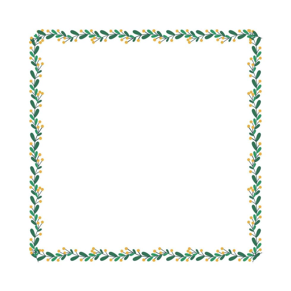 Christmas frame with tree branch and yellow berries, leaves. vector