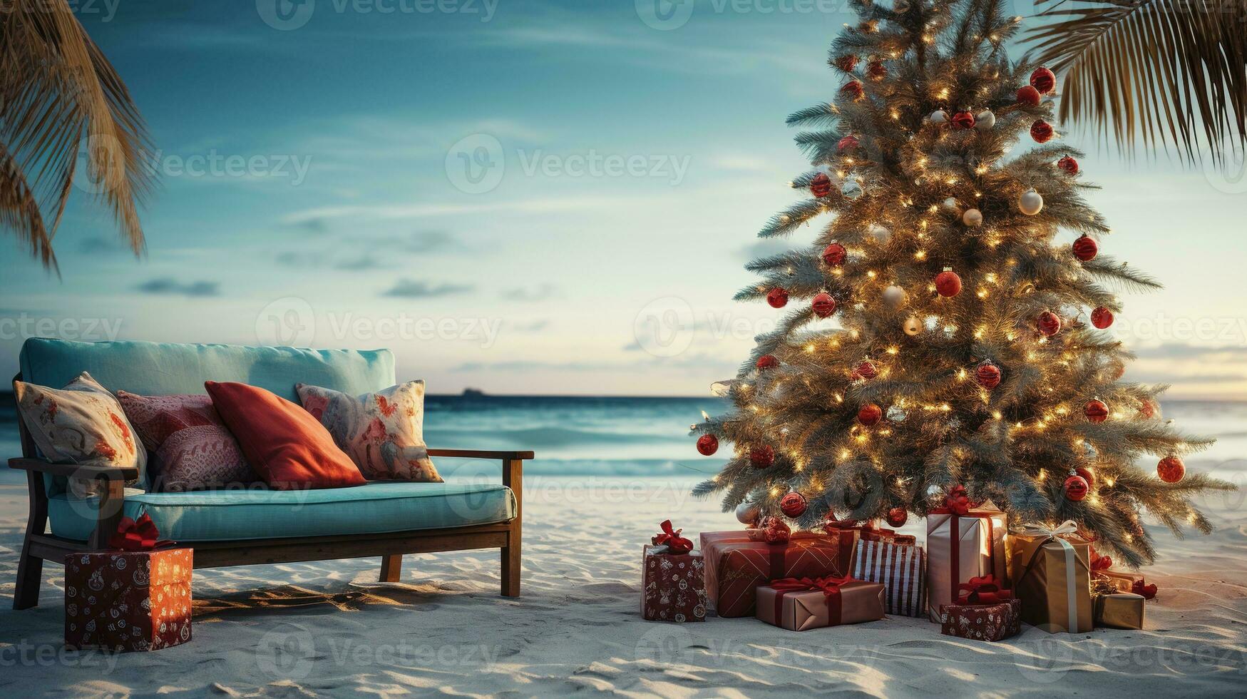 AI generated Generative AI, Christmas on the beach. Gifts, Christmas tree, palm, ocean and chairs. Vacation concept photo