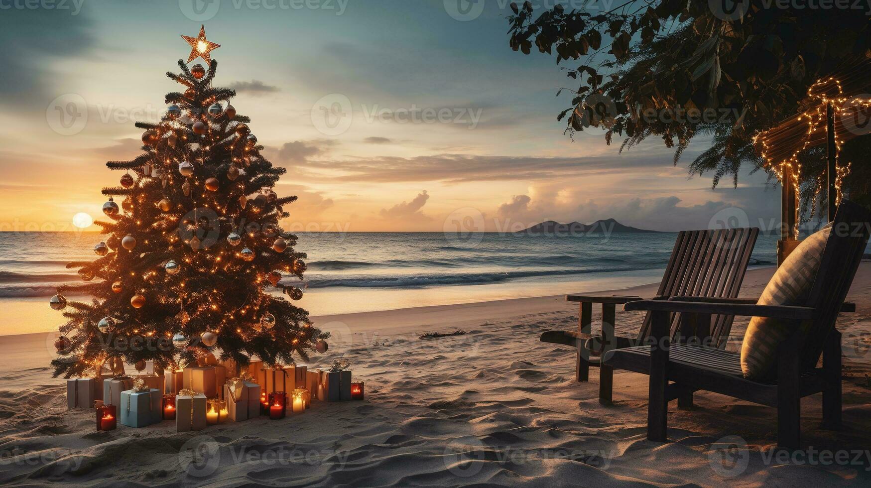 ai generado generativo ai, Navidad en el playa. regalos, Navidad árbol, palmera, Oceano y sillas. vacaciones concepto foto