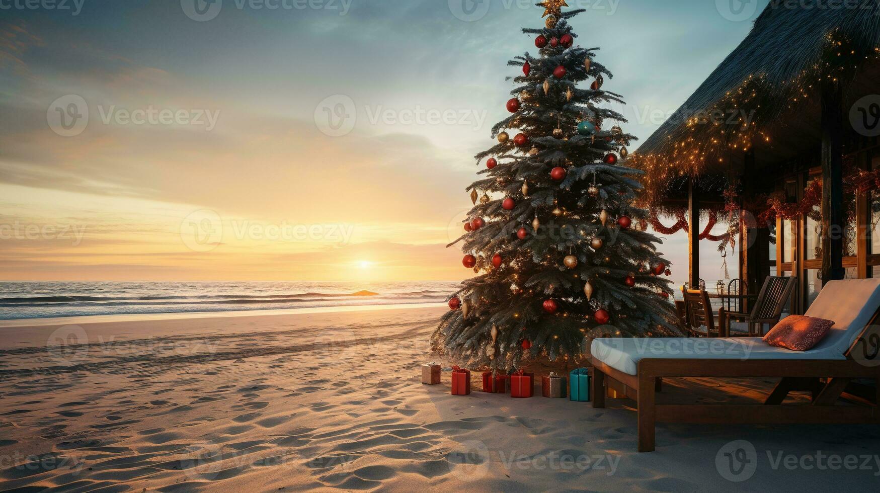 AI generated Generative AI, Christmas on the beach. Gifts, Christmas tree, palm, ocean and chairs. Vacation concept photo