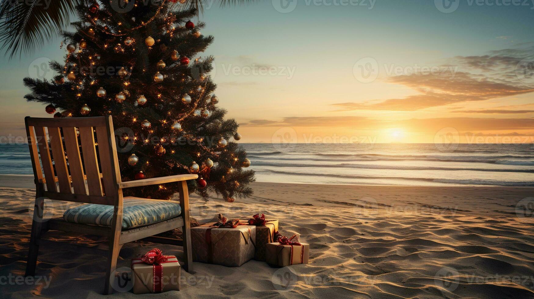 AI generated Generative AI, Christmas on the beach. Gifts, Christmas tree, palm, ocean and chairs. Vacation concept photo