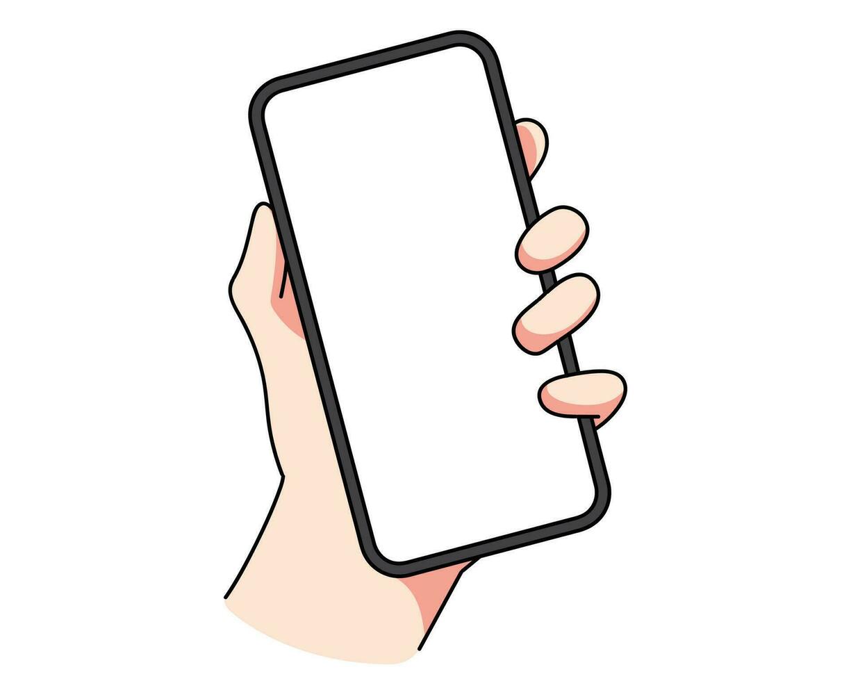 mano que sostiene el teléfono inteligente concepto de teléfono móvil ilustración de arte de dibujos animados dibujados a mano vector