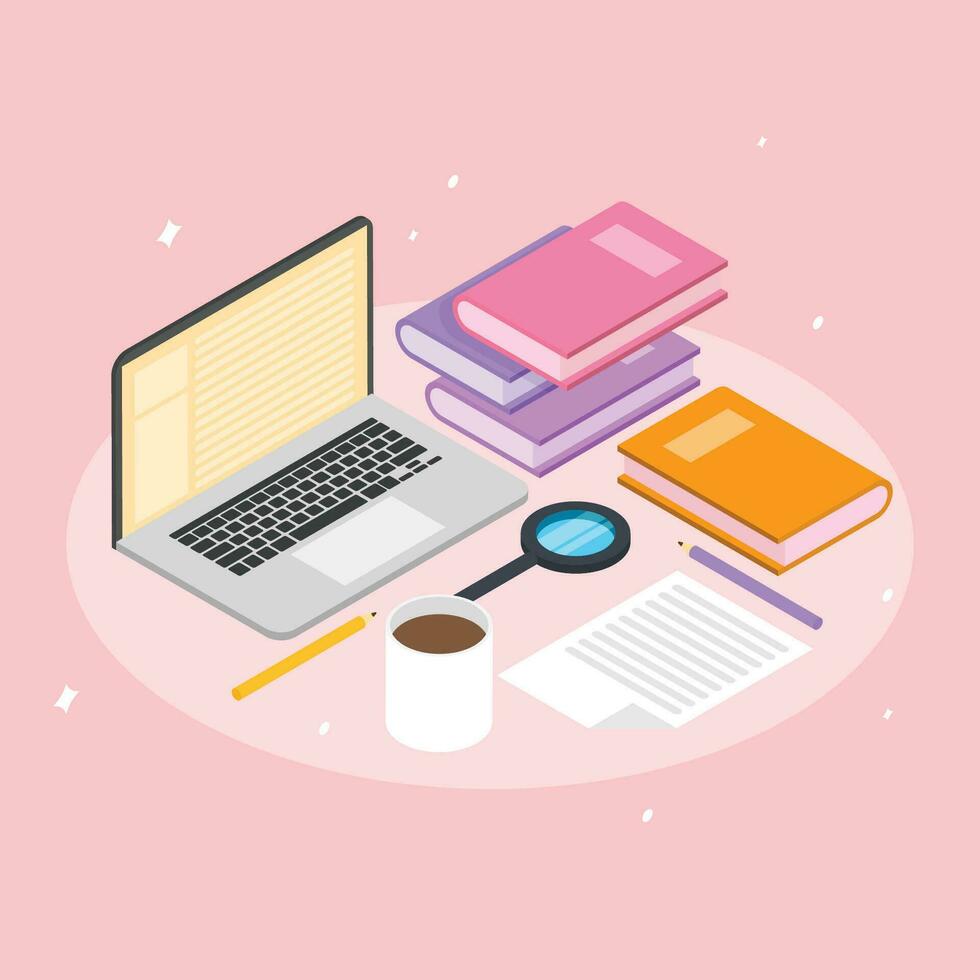 an image of a laptop, books, and a cup of coffee vector