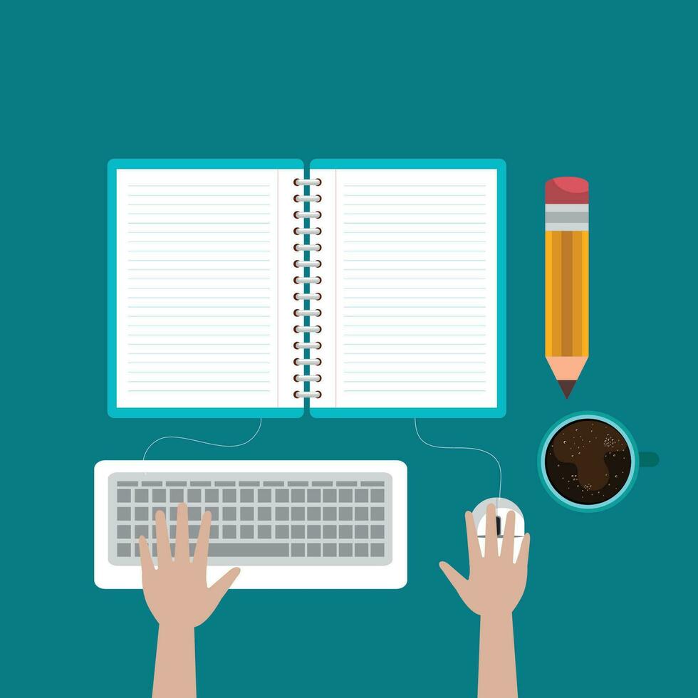 hands typing on a keyboard and a notebook with a pencil vector