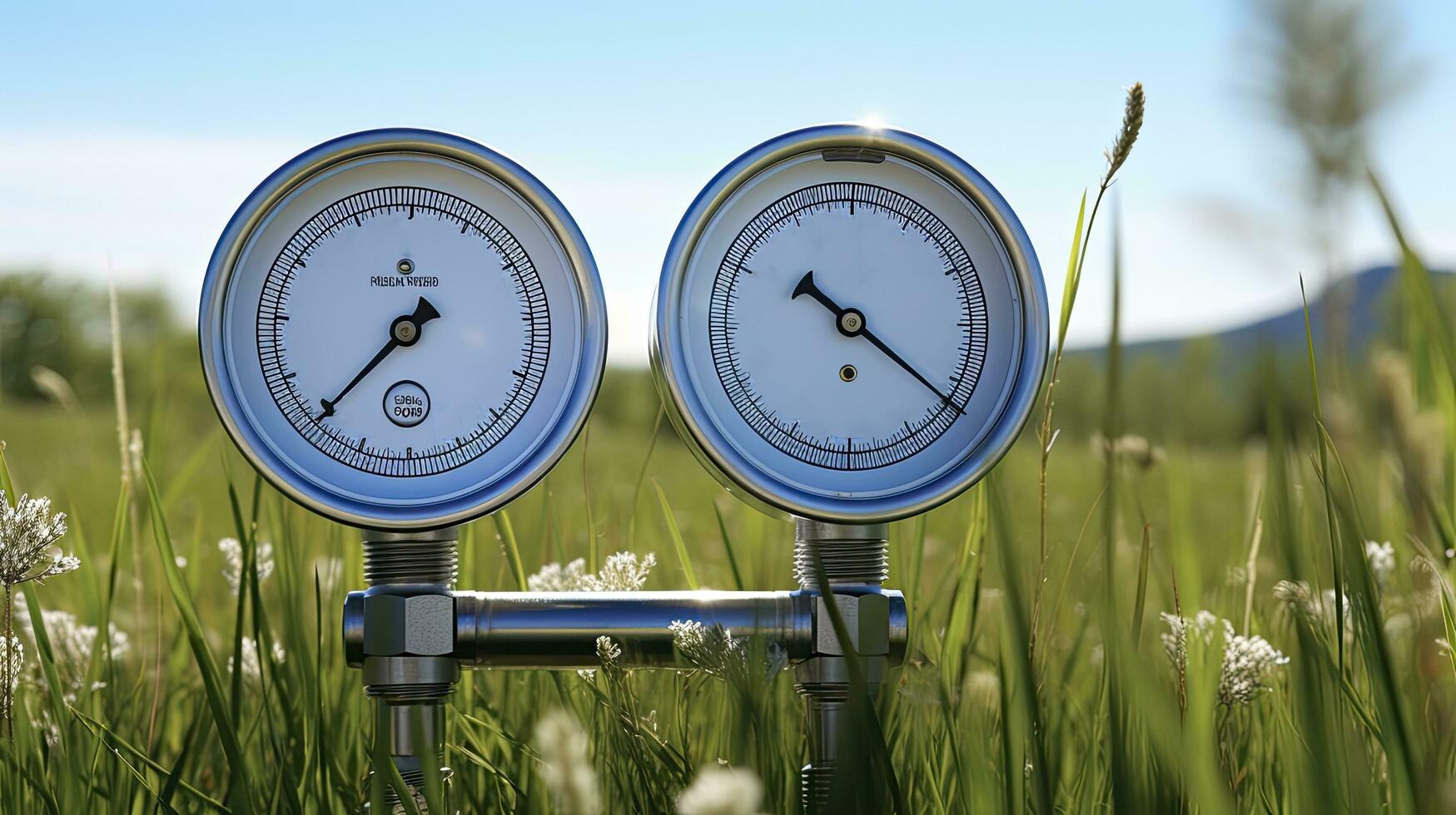 Pressure Gauges Against a Grassy Field with Light Gray and Azure Molecular Background. AI Generated photo
