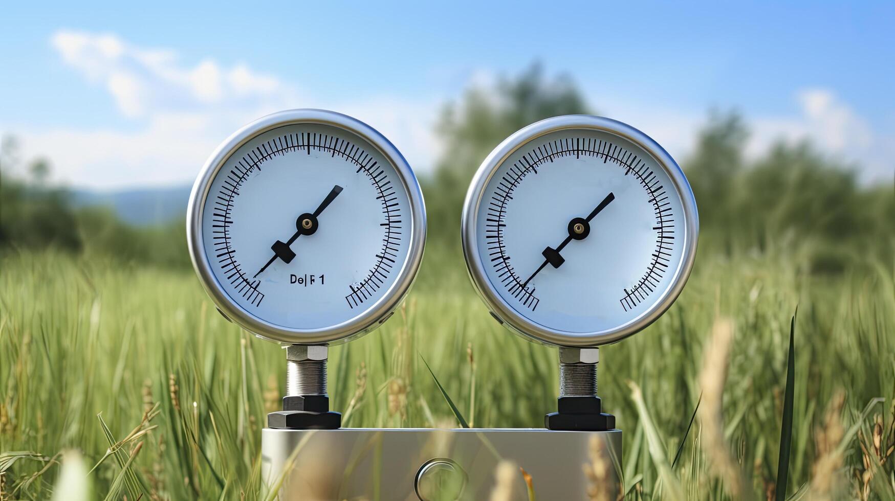 Pressure Gauges Against a Grassy Field with Light Gray and Azure