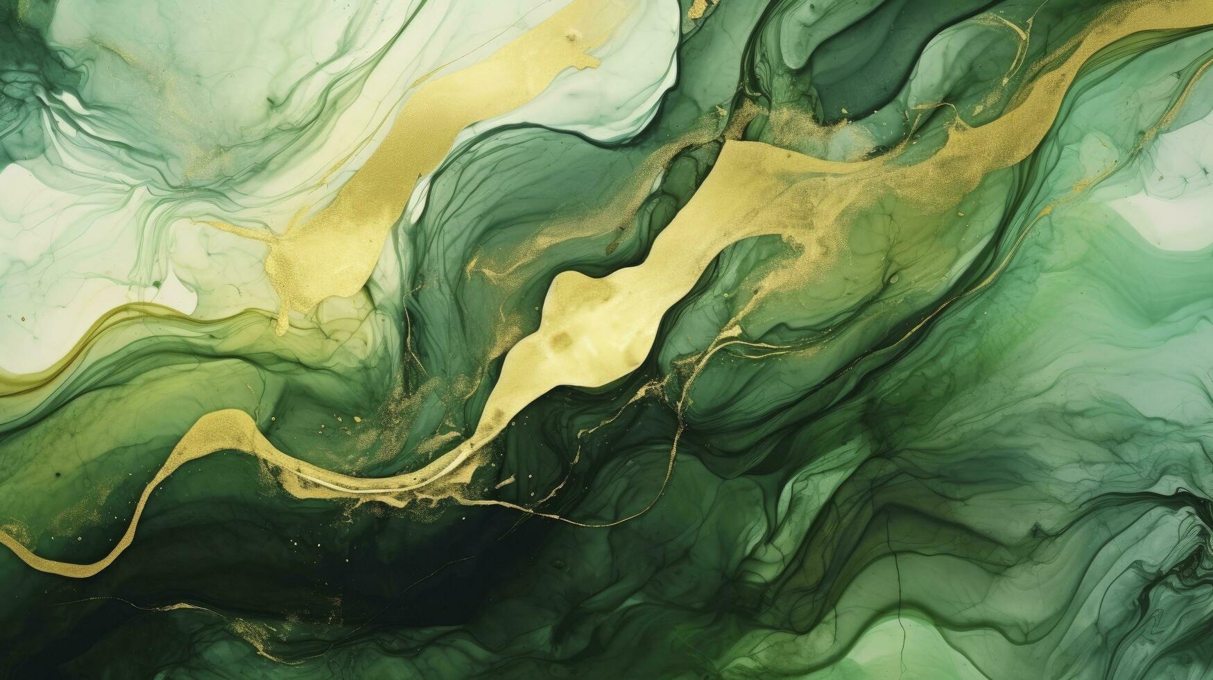 Green and Gold Watercolor Brushed Background with Cracked Marble Texture. AI Generated photo