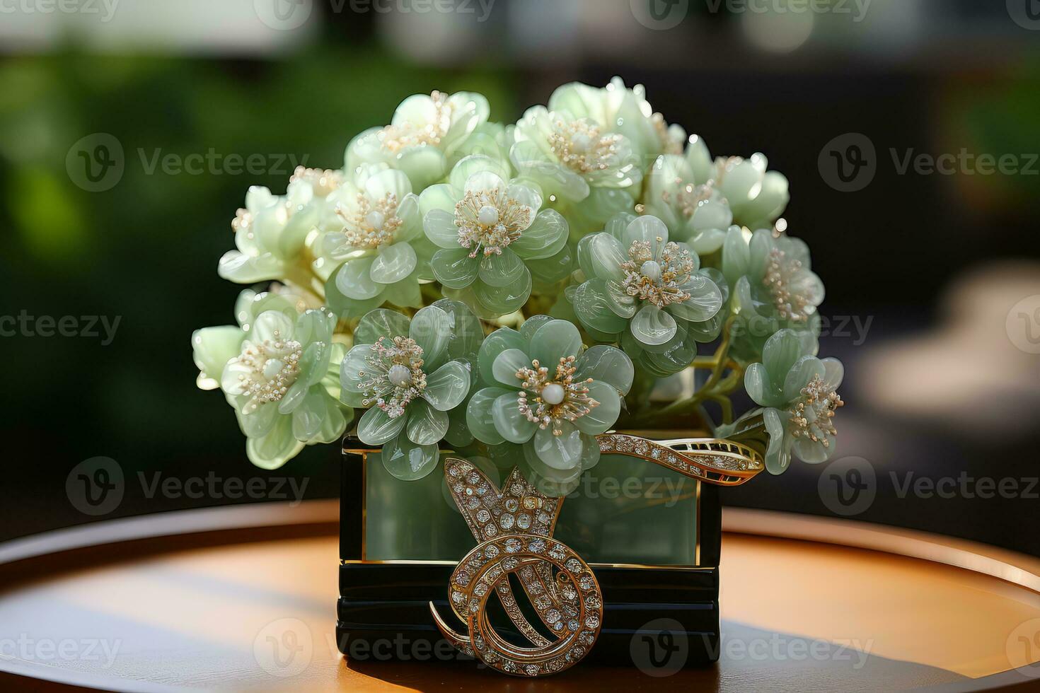 AI generated Noble Adornments Emerald-Hued Flowers Accompanied by the Glitter of Gems photo