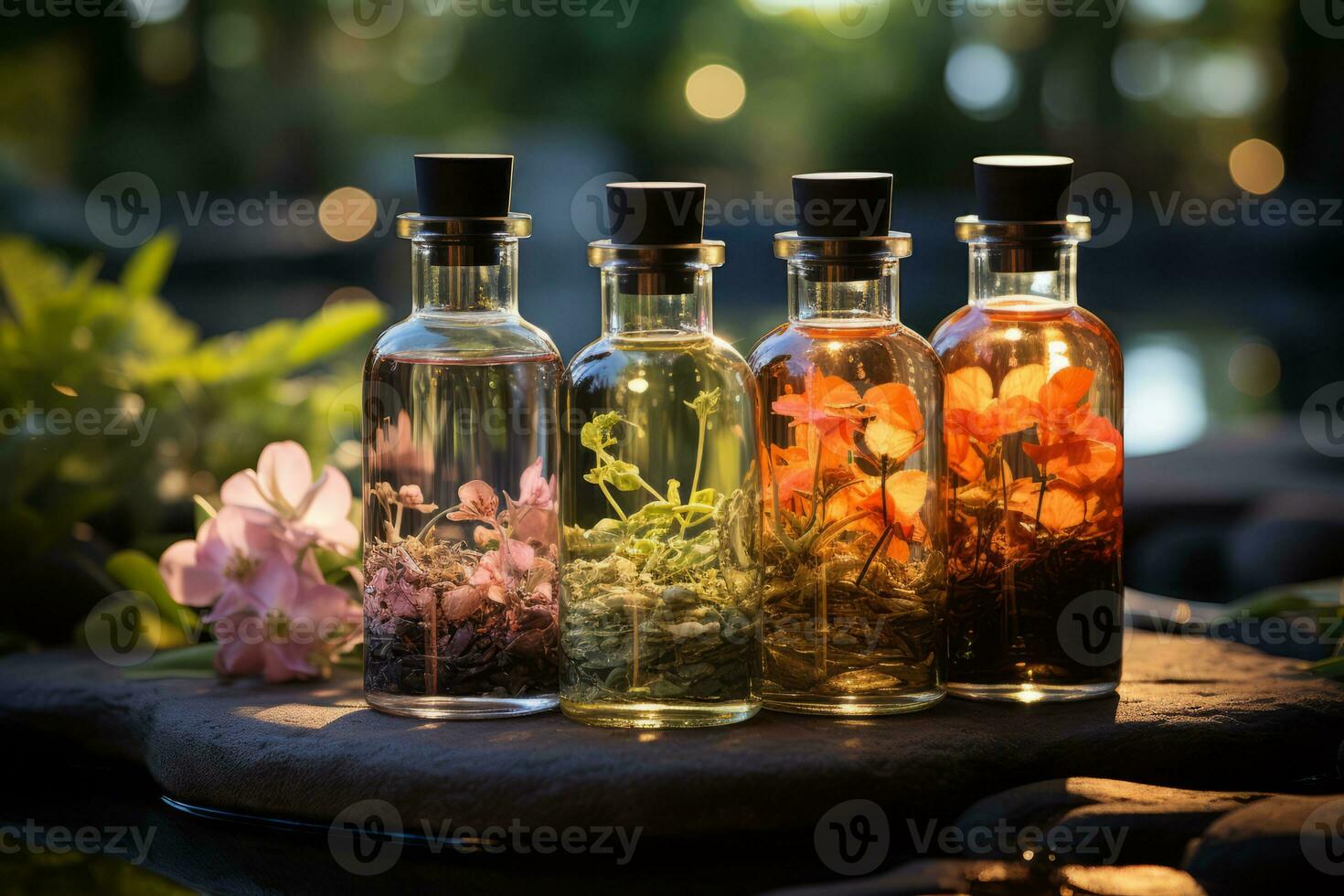 AI generated Botanical Secrets Aromatic Oils Encasing Delicate Flowers photo