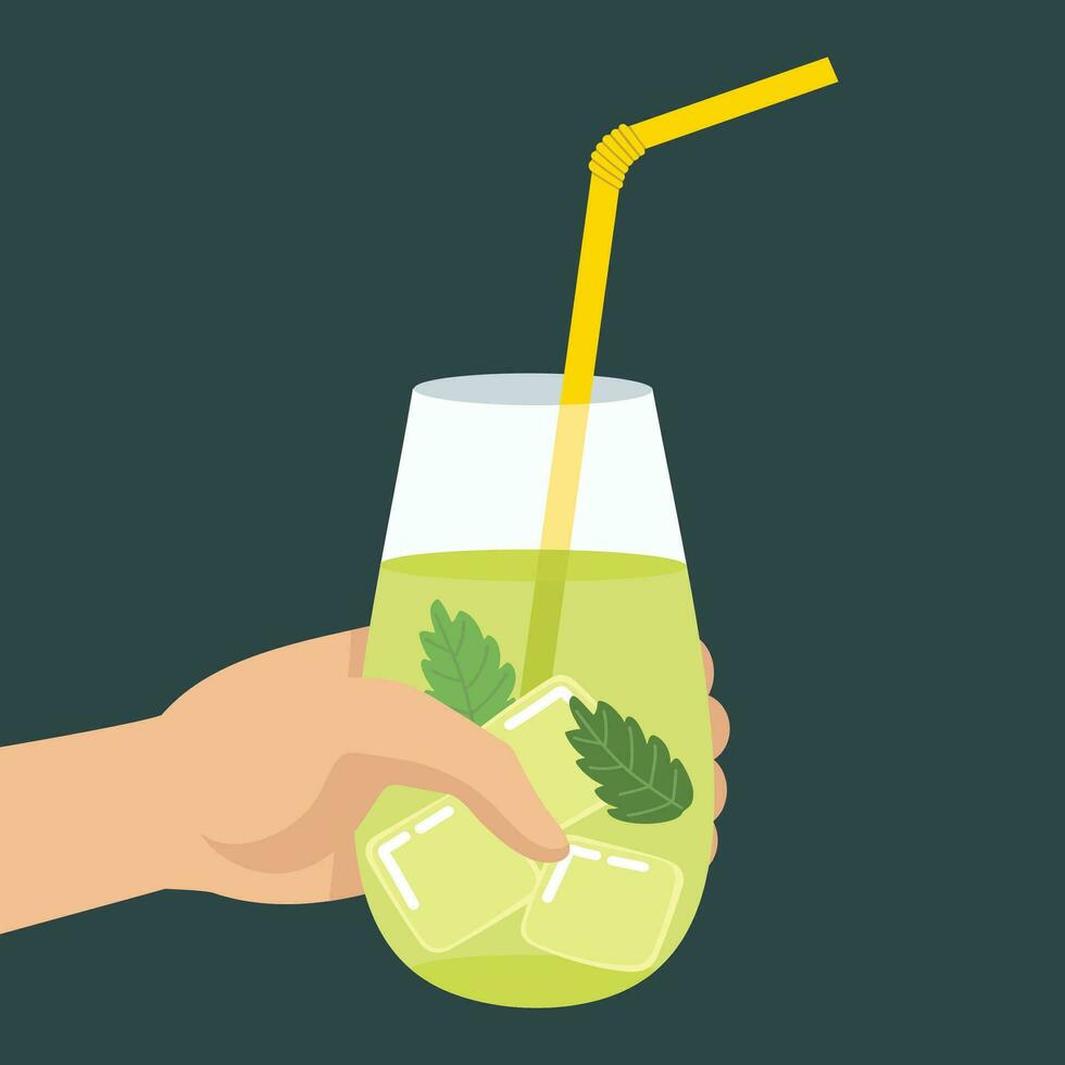 Cocktail with drinking straw in hand in flat style. Mojito fresh cocktail. Hand drawn vector art.