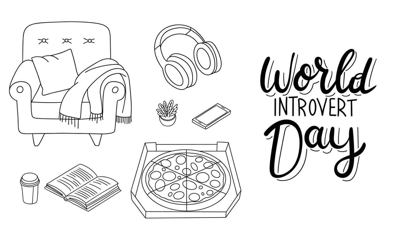 World Introvert Day doodle banner. Set of outline thighs for Introvert in doodle style. Hand drawn vector art.