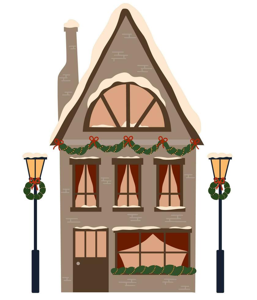European house building with Christmas decoration on facade. Cute flat home with snow on roof, decorated for Xmas, winter holiday. Vector illustration isolated on white background