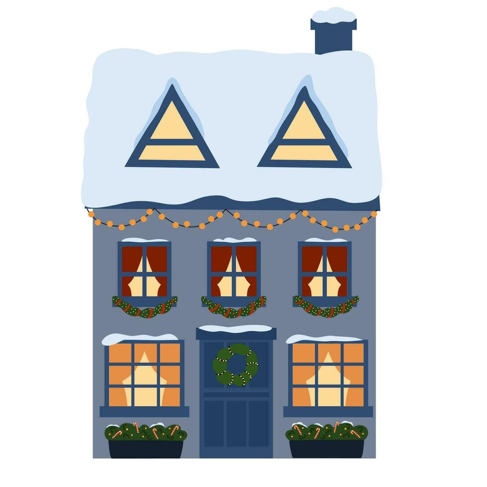 European house building with Christmas decoration on facade. Cute flat home with snow on roof, decorated for Xmas, winter holiday. Vector illustration isolated on white background
