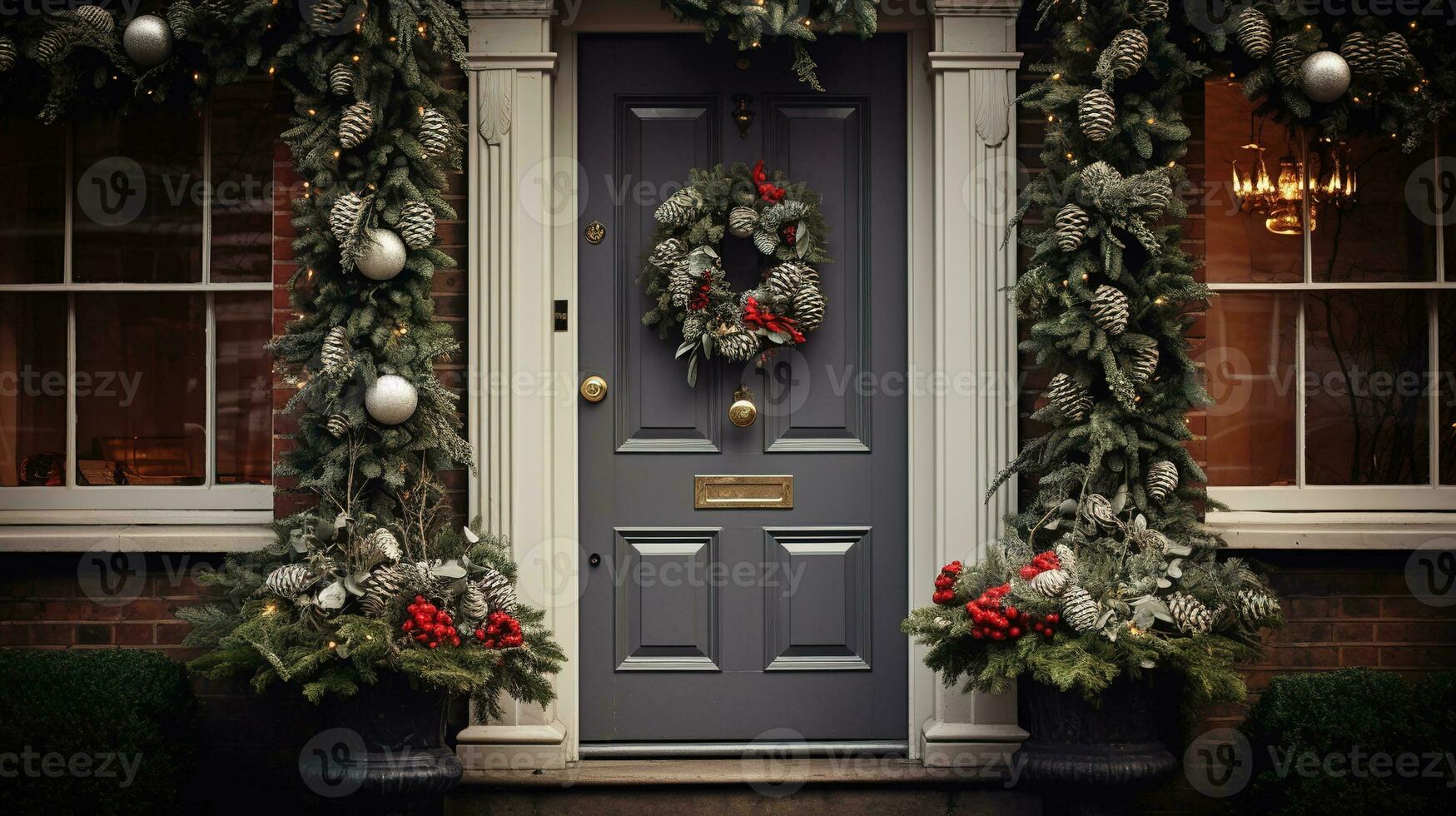 AI generated Generative AI, Front door with Christmas decoration, wreath and garland, muted colors, cottage rustic doorway photo