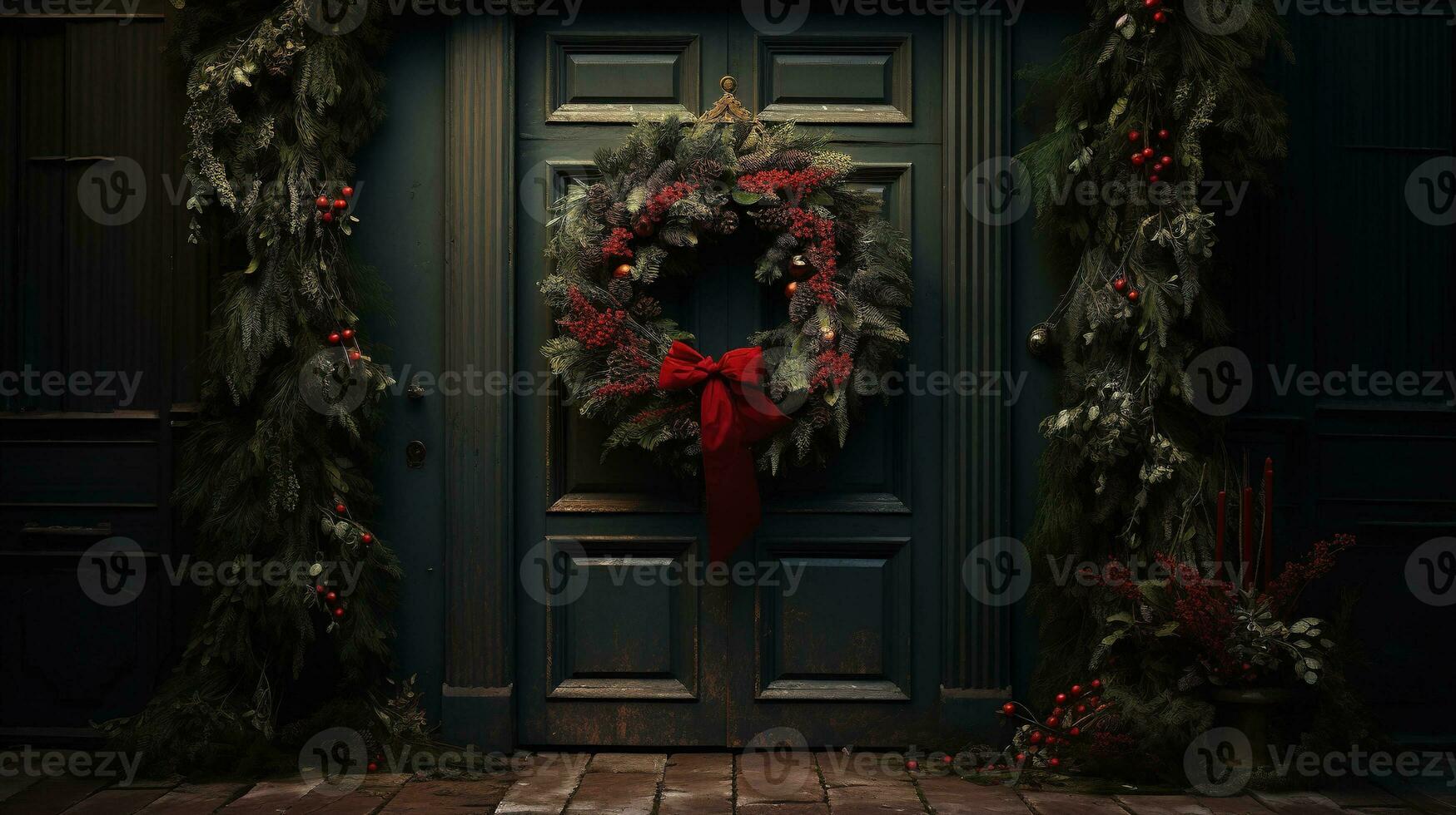 ai generado generativo ai, frente puerta con Navidad decoración, guirnalda y guirnalda, apagado colores, cabaña rústico puerta foto