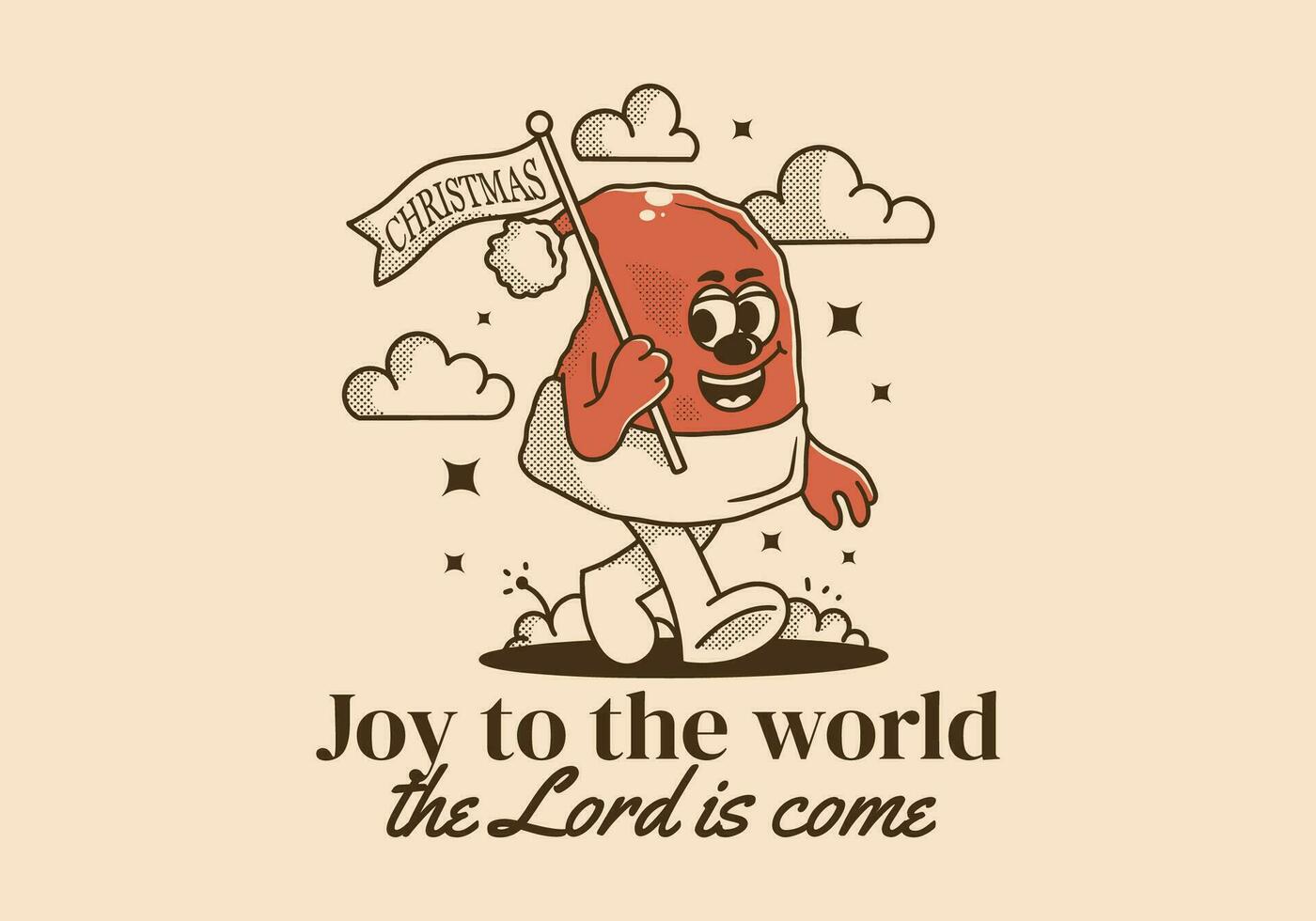 Joy to the world the Lord is come. Character illustration of walking Christmas hat vector