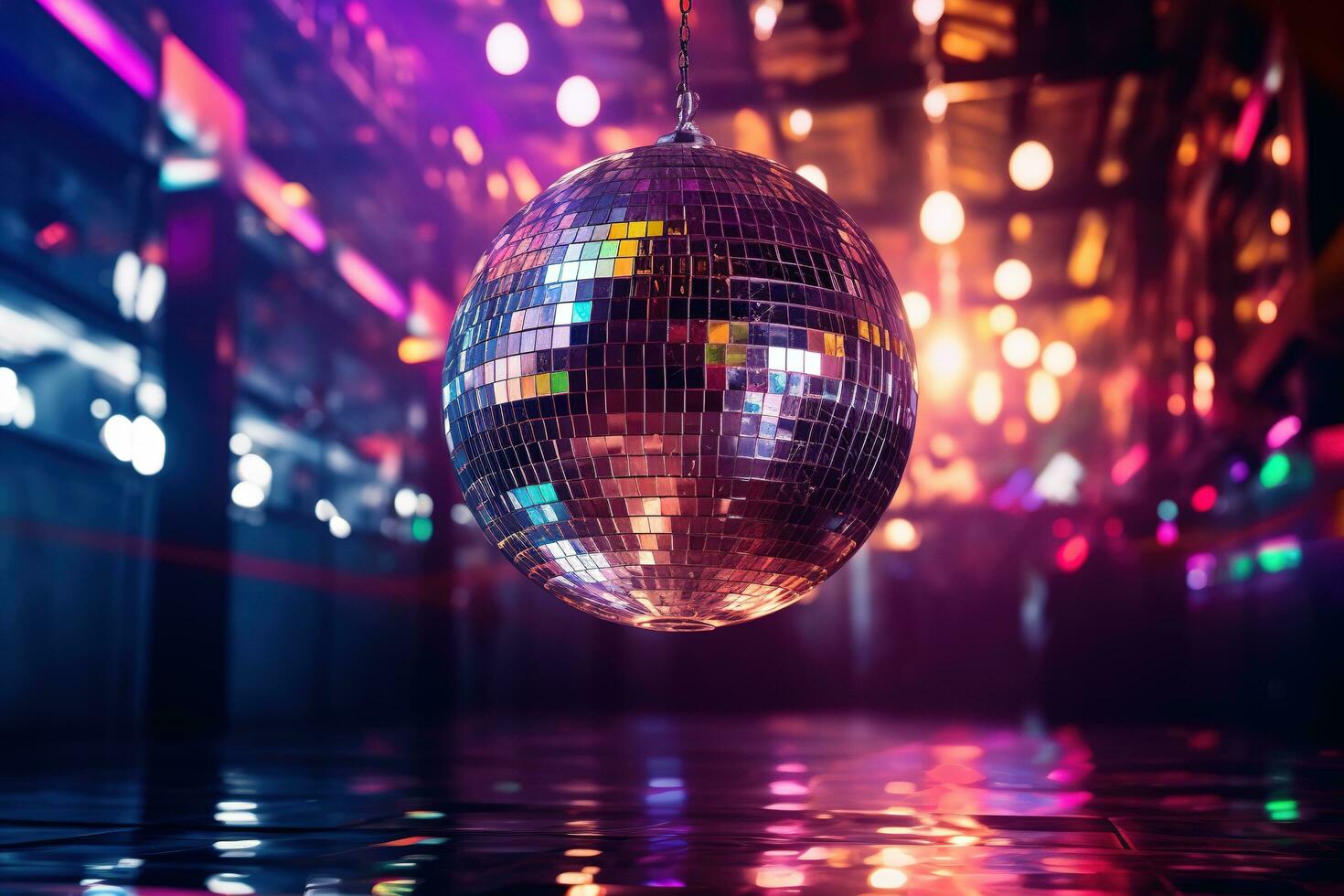 ai generado generativo ai, disco brillante pelota, fiesta reflejando vistoso luces para música transmisión, noche clubs, musical pancartas foto