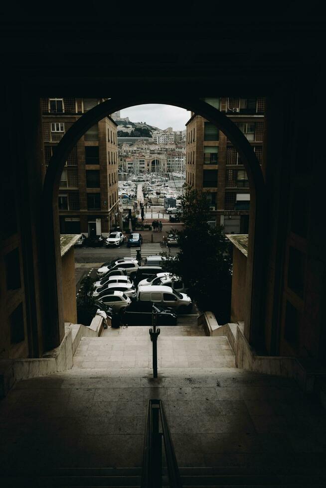 MARSEILLE, FRANCE - NOV 12, 2021 - view on the old port from the arch photo