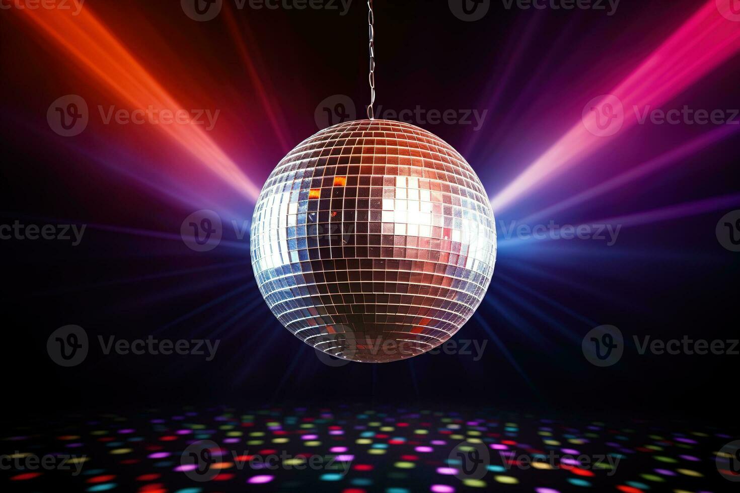 AI generated Generative AI, Disco shiny  ball, party reflecting colorful lights for music broadcast, night clubs, musical banners photo