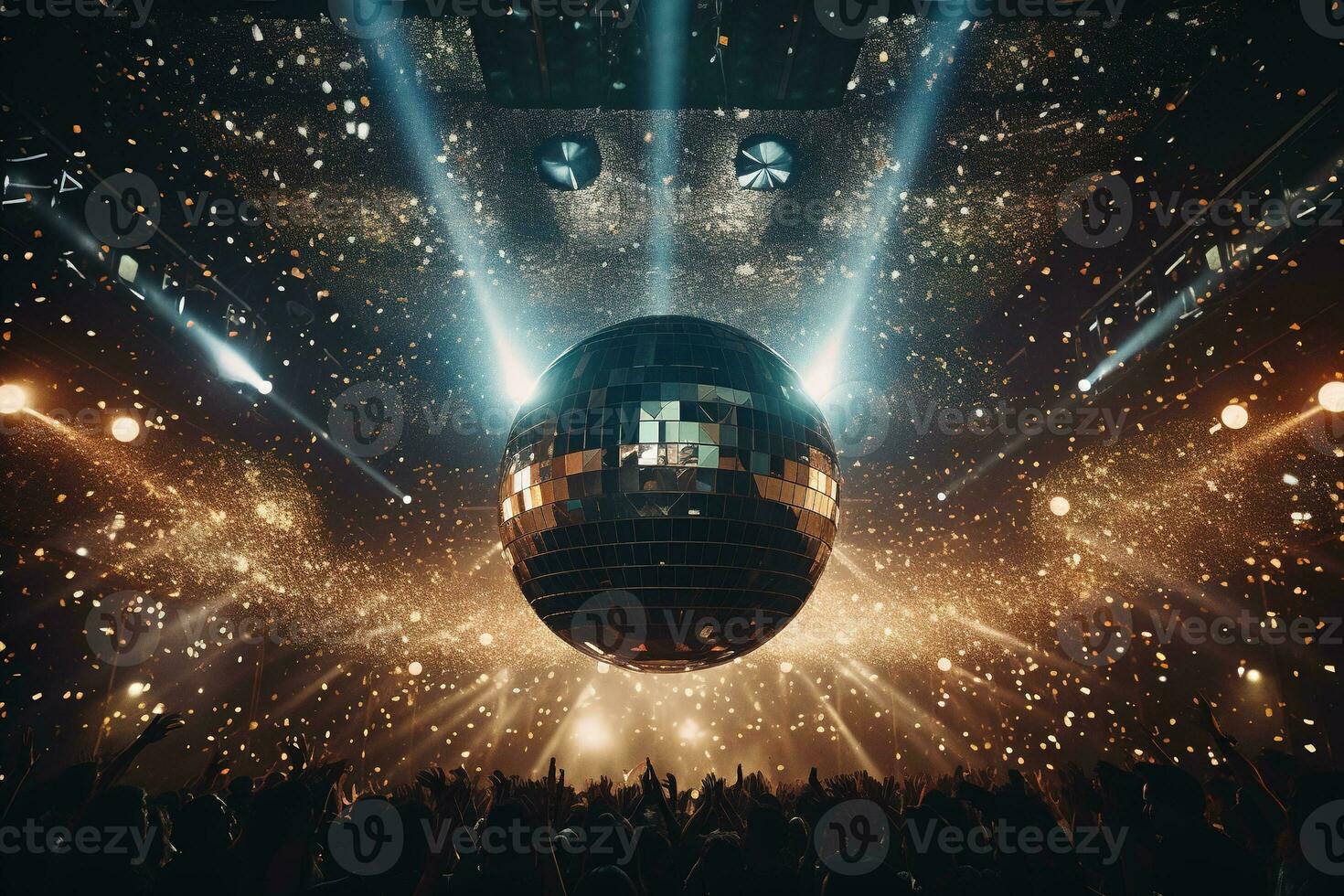 AI generated Generative AI, Disco shiny  ball, party reflecting colorful lights for music broadcast, night clubs, musical banners photo