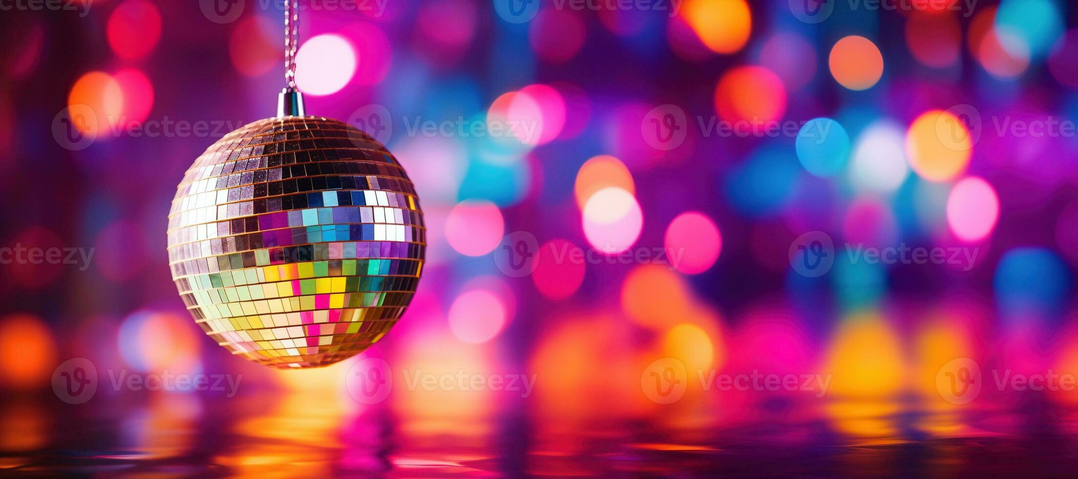 AI generated Generative AI, Disco shiny  ball, party reflecting colorful lights for music broadcast, night clubs, musical banners photo