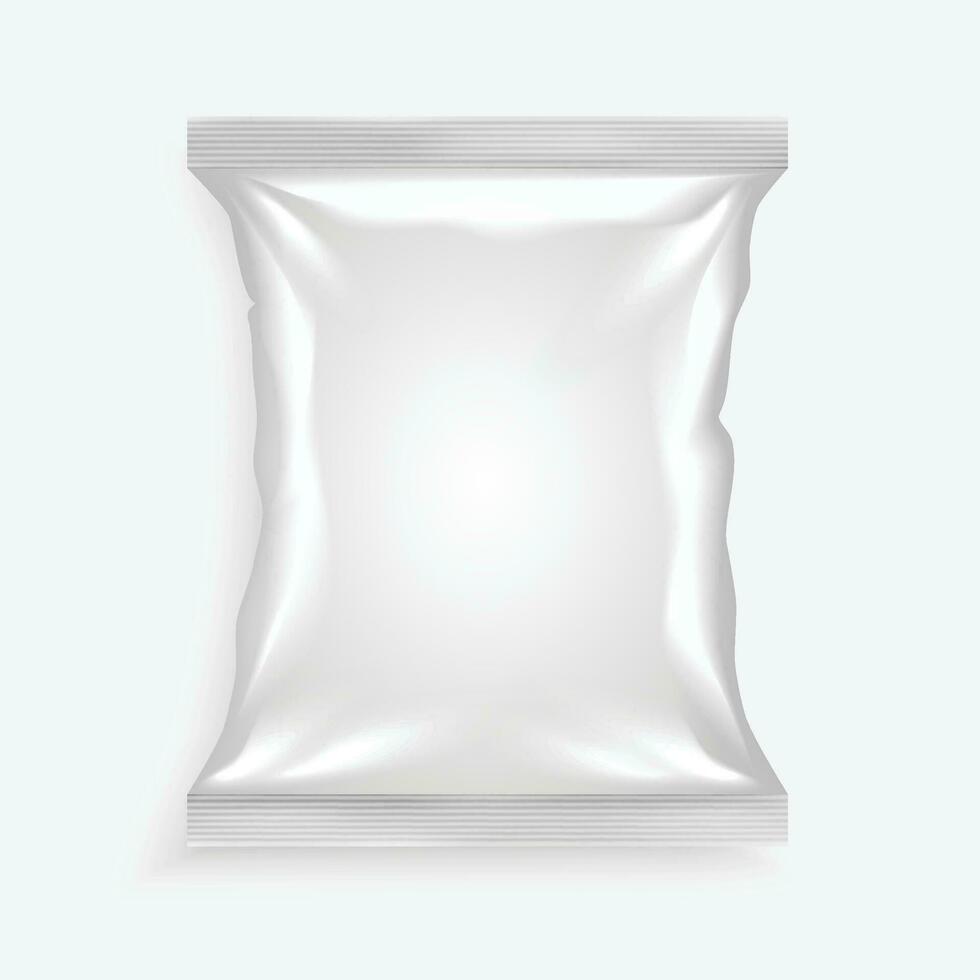 vector blanco blanco el plastico y plata metálico frustrar bolso para embalaje diseño. Bosquejo modelo para comida bocadillo, papas fritas, galletas, miseria, caramelo