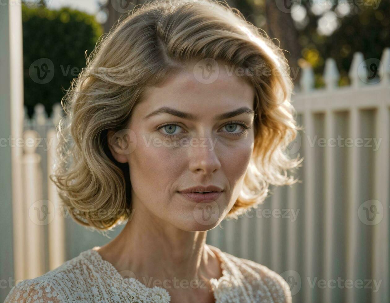 AI generated photo shot from below of beautiful teenage woman standing with high building in background, generative AI