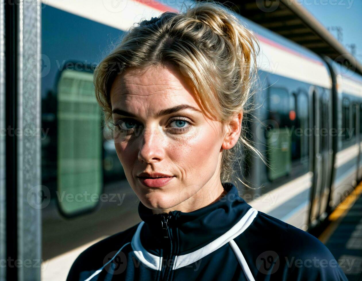 AI generated photo of middle aged woman with tracksuit sports standing in front of metro train station , generative AI
