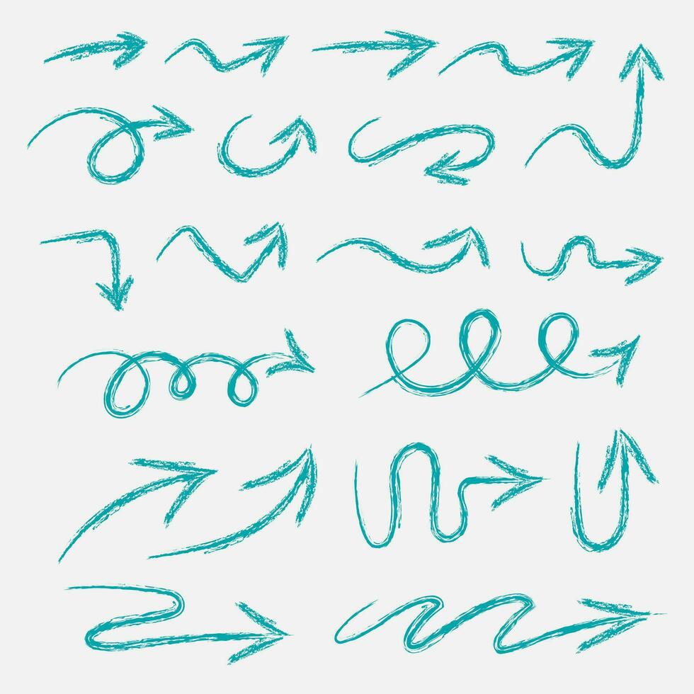 Charcoal arrows vector icons set. Hand drawn freehand different curved lines, swirls arrows. Doodle marker drawing, black chalk smears. Direction pointers.
