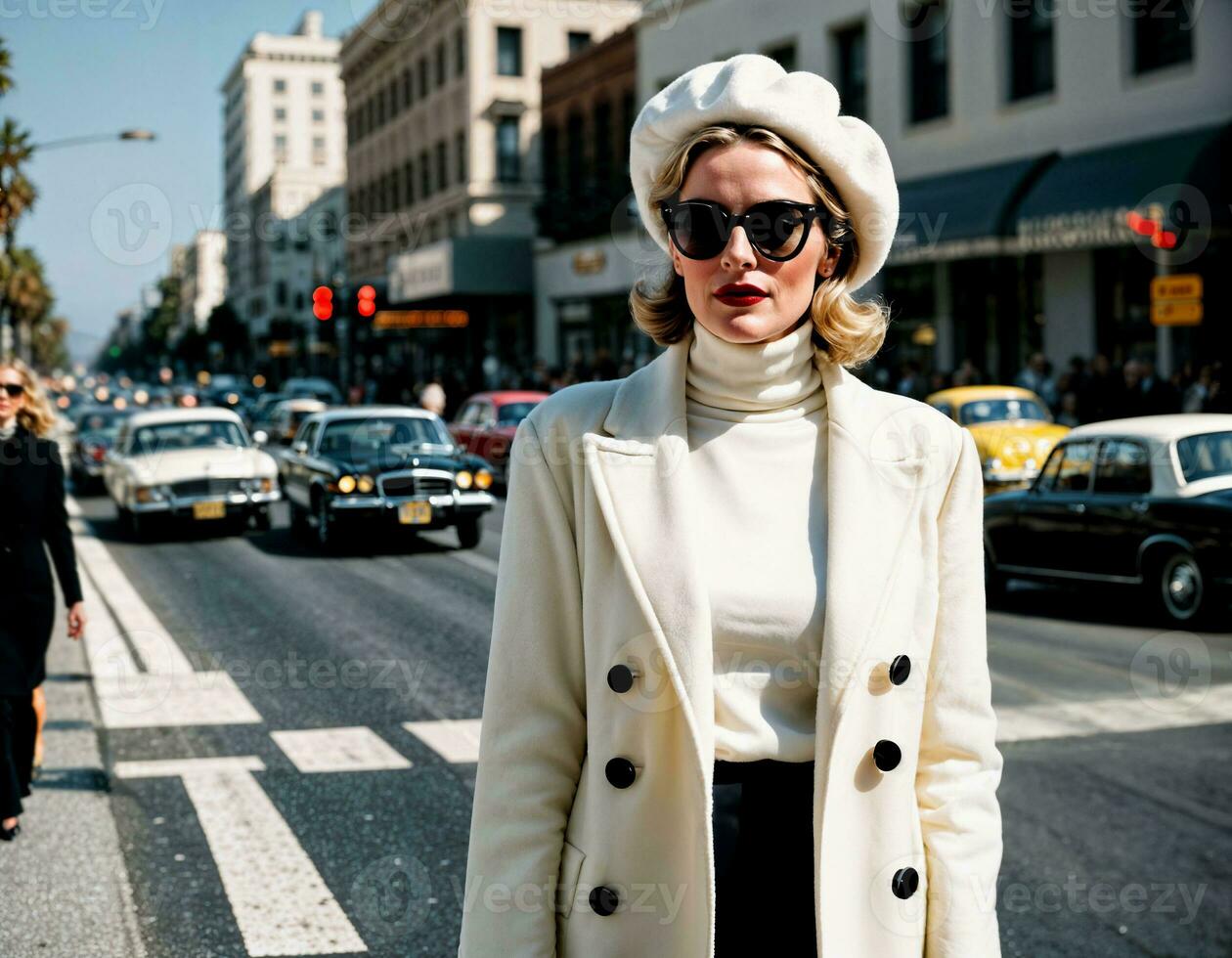 AI generated photo of middle aged woman with batwing-sleeve coat standing in front of under construction building, generative AI
