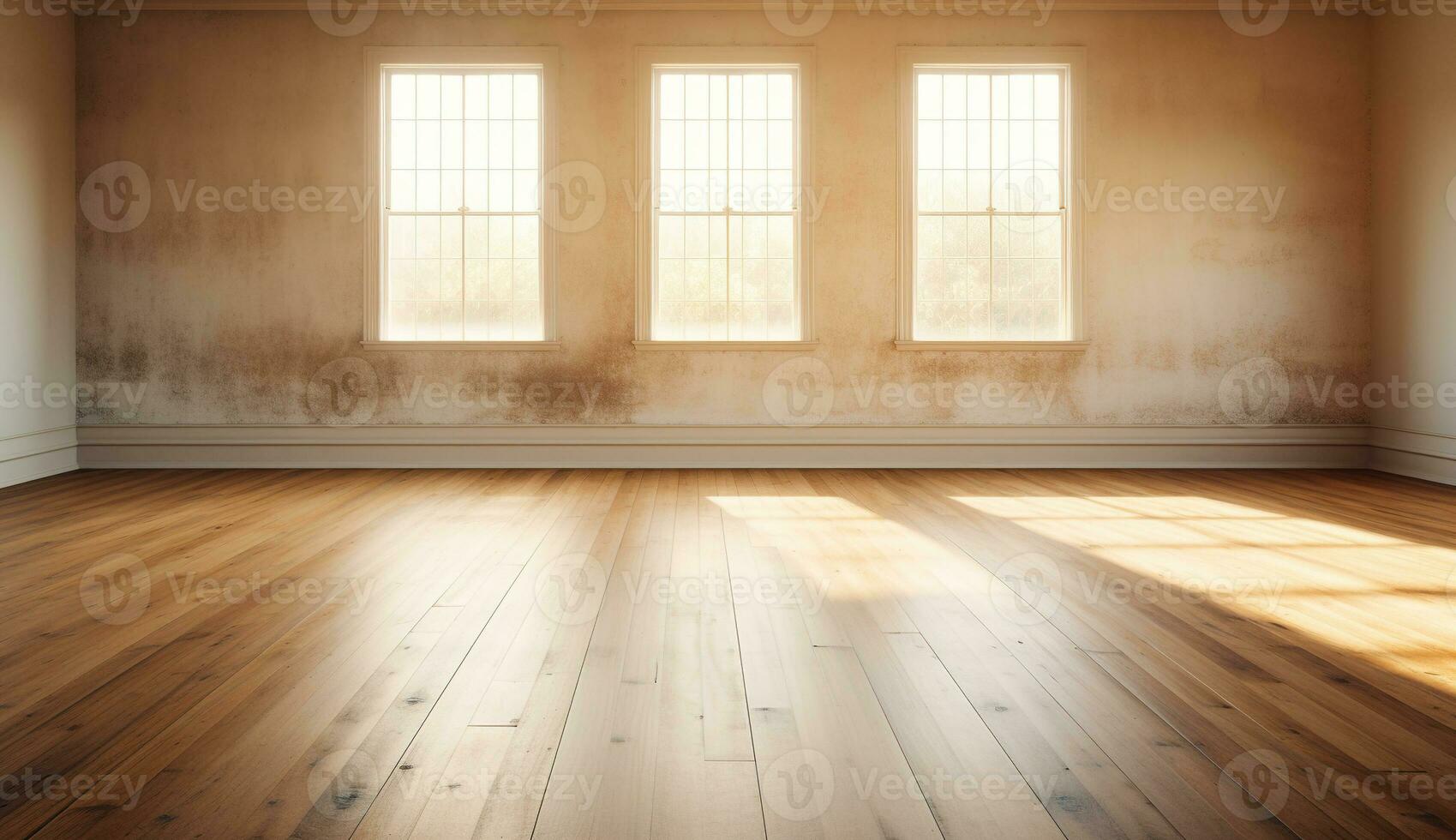 AI generated Generative AI, Light empty modern room with wooen floor and glare from the window, interior background for the presentation photo