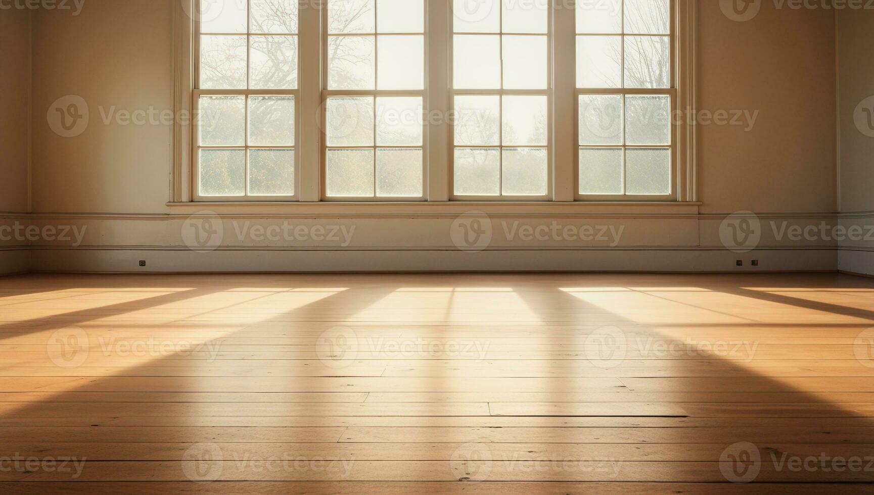 AI generated Generative AI, Light empty modern room with wooen floor and glare from the window, interior background for the presentation photo