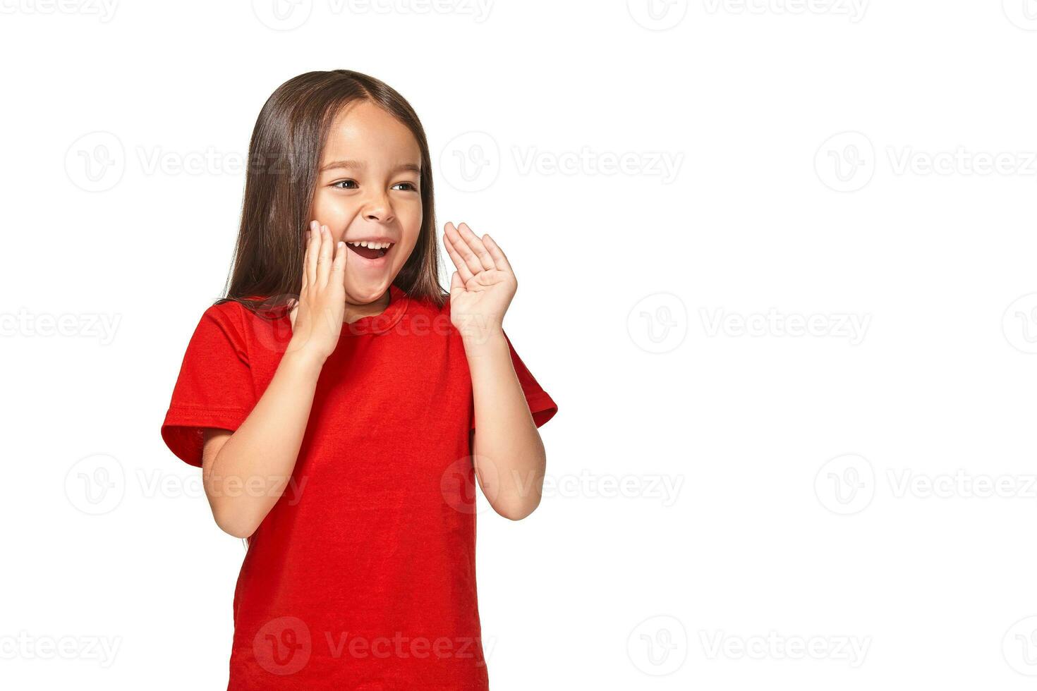 Portrait of little surprised girl excited scared. Isolated on white background photo